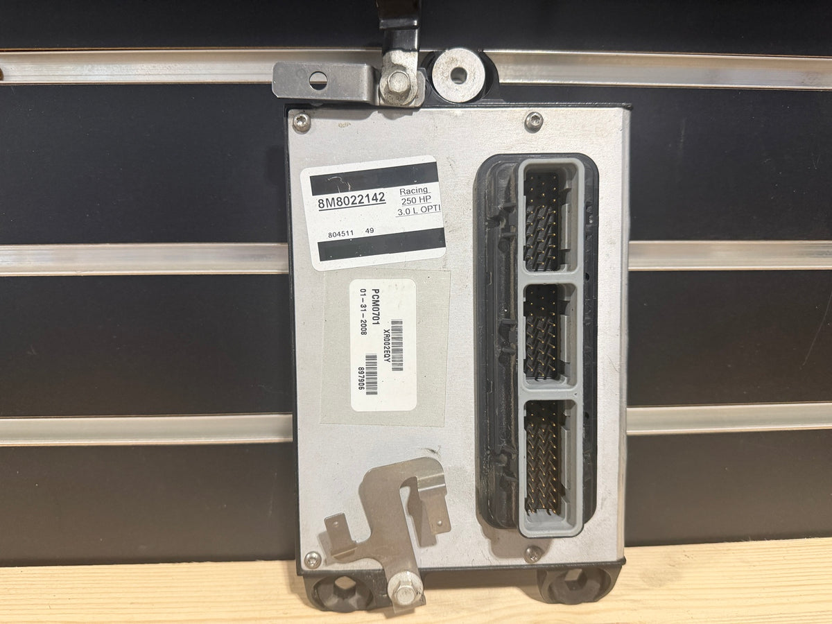 Used Mercury 250 HP 3.0L OptiMax Pro XS PCM 8M8022142 label and connectors