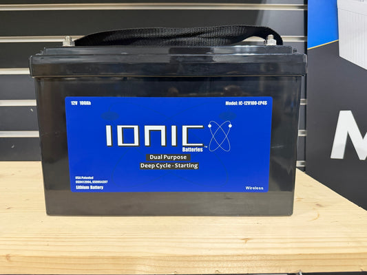 Used Ionic 12V 100Ah lithium battery front view