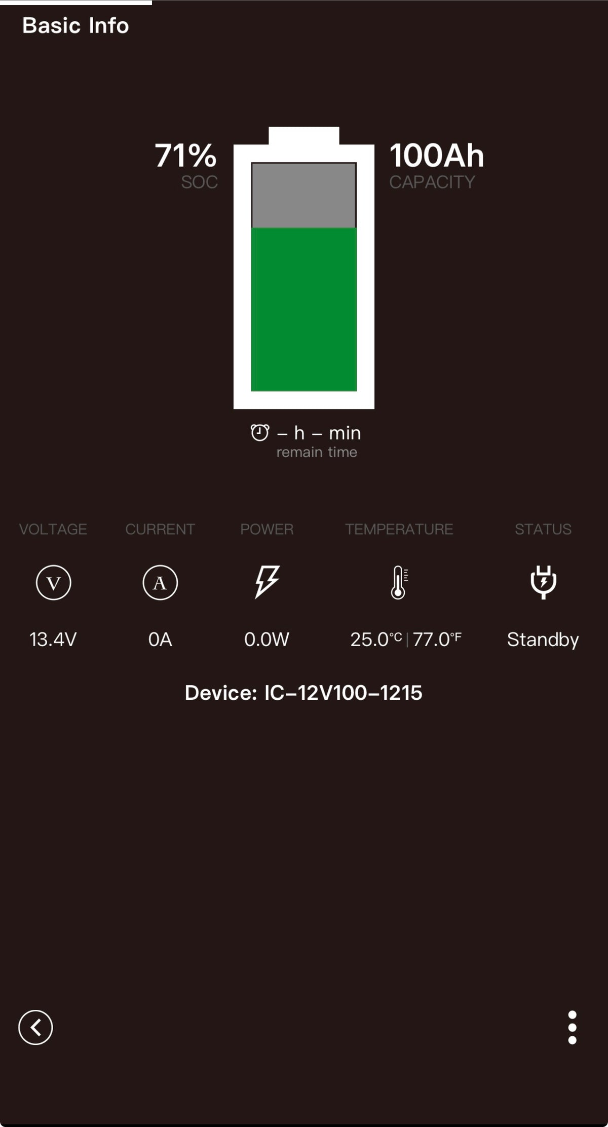 Ionic battery Bluetooth app showing 100Ah capacity and 13.4V