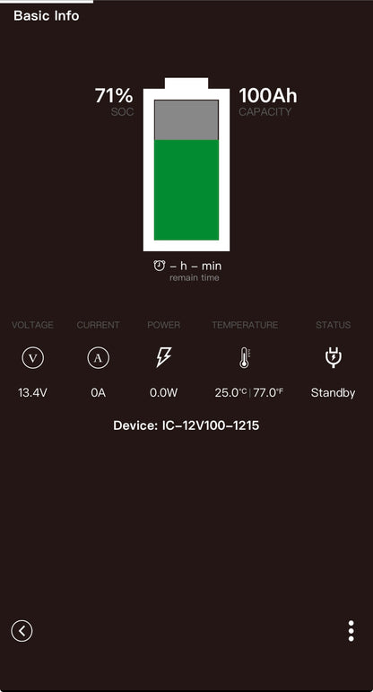 Ionic battery Bluetooth app showing 100Ah capacity and 13.4V