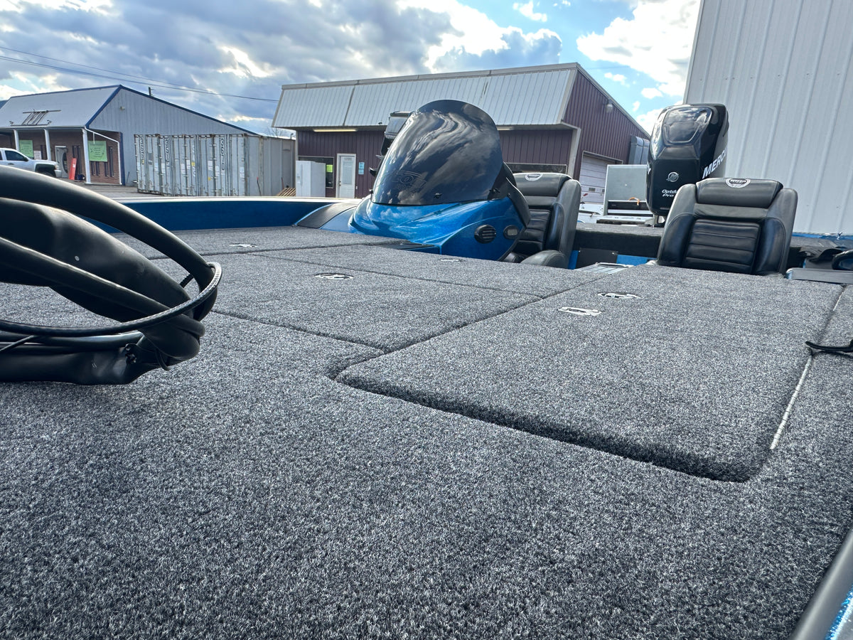 Bass boat deck with marine carpet at Elite Marine Service