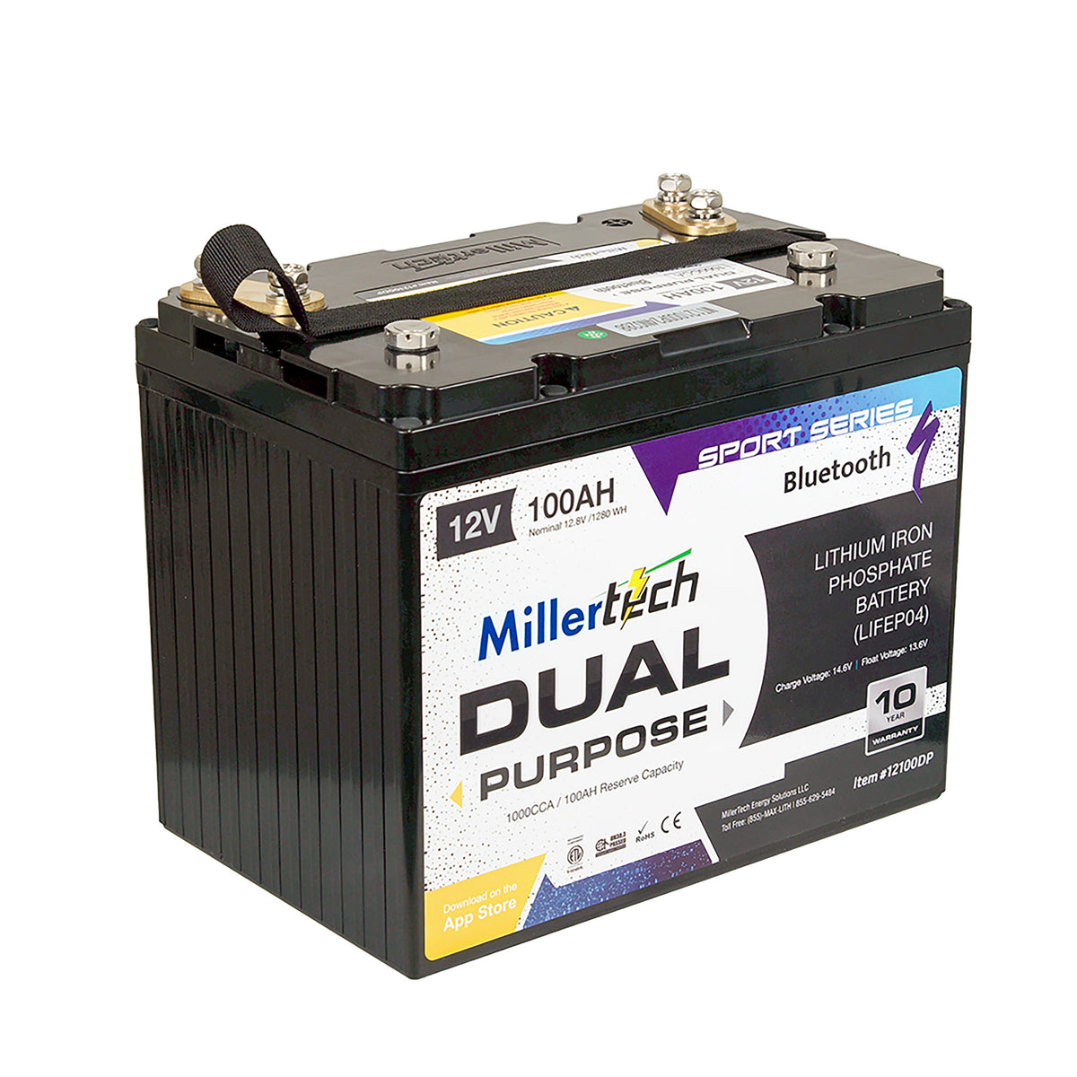 MillerTech 100Ah 12V DUAL PURPOSE 1200CCA Bluetooth LiFePO4 Group 24 Battery (12100DP-G24)