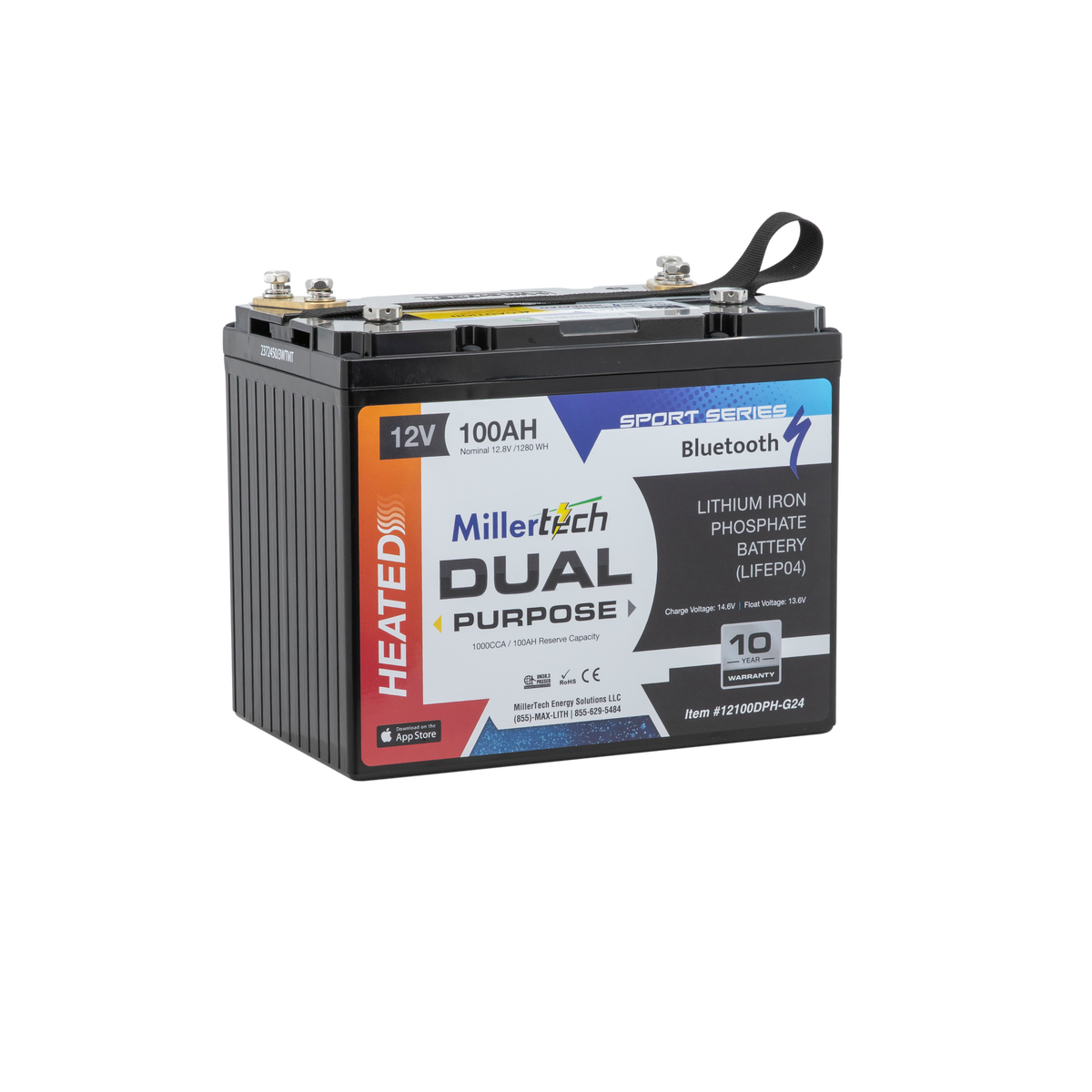 MillerTech 100Ah 12V DUAL PURPOSE HEATED 1200CCA Bluetooth LiFePO4 Group 24 Battery (12100DPH-G24)