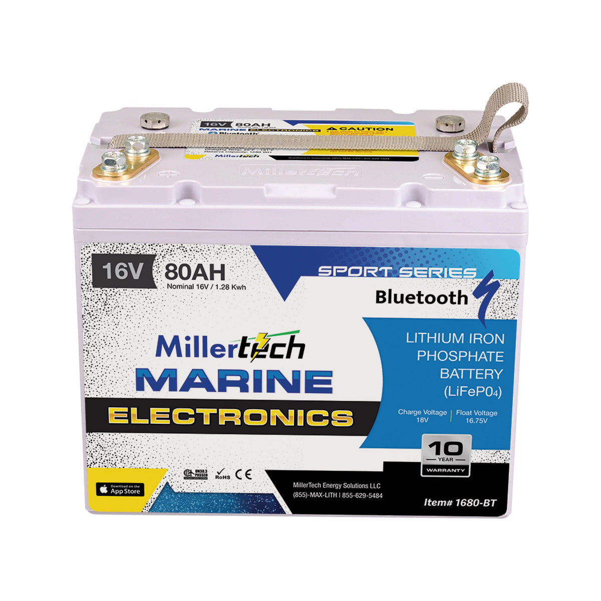 MillerTech 80Ah 16V Electronics Bluetooth LiFePO4 Deep Cycle Battery (1680-BT)